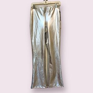 NWT BBJ Leatherette Vegan Faux Leather Pull On Pants Silver Metallic Flare Small